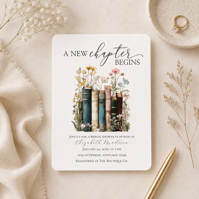 Un nouveau chapitre commence Invitation à une fête (new chapter begins books and wildflowers invite)