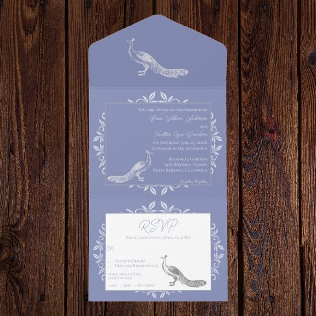 Un Périwinkle Peacock fleurit tout en une invitation (Periwinkle Peacock Flourish All in One Invitation)