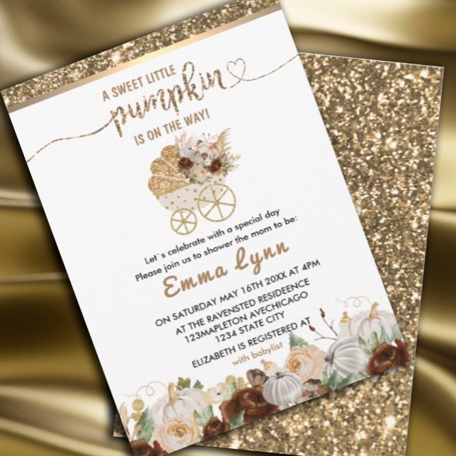 Un petit Baby shower d'or Citrouille Invitation (#zazzlemade #fallbabyshower #gold)
