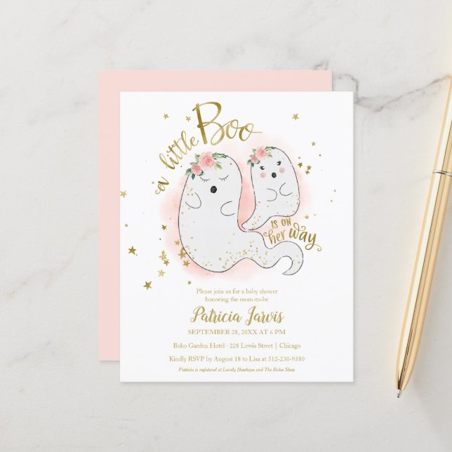 Un petit budget Boo Invitation Baby shower fille (Devant/Arrière en situation)