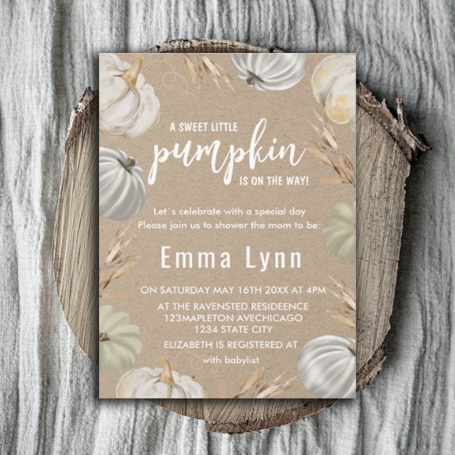 Un Petit Citrouille Kraft Invitation Baby shower A (#zazzlemade #pumpkinbabyshower #whitepumpkin #fallbabyshower)