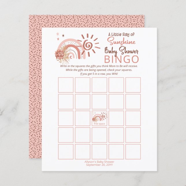 Un petit rayon de soleil Baby shower Bingo Jeu dan (Devant / Derrière)