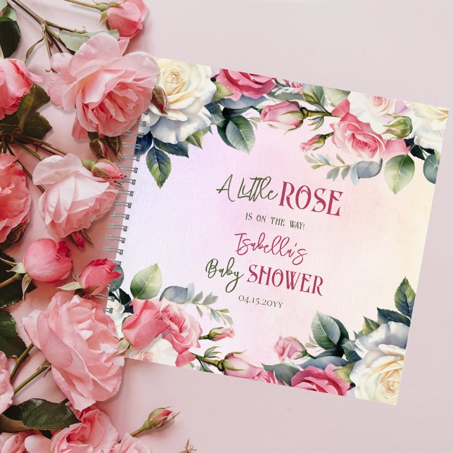 Un Petit Rose Floral Girl Baby shower Livre d'invi (A Little Rose Is On The Way Pink Rose Bouquets Girl Baby Shower Guest Book Notebook --Damask Back)