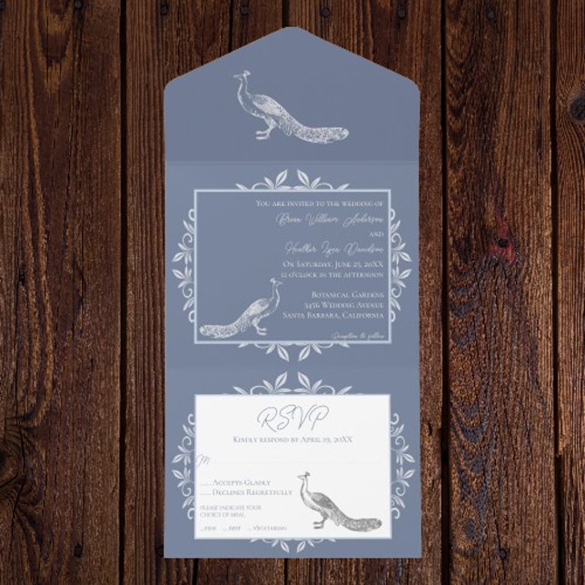 Un Pic Bleu Dusty Fleurit Tout En Une Invitation (Dusty Blue Peacock Flourish All in One Invitation)