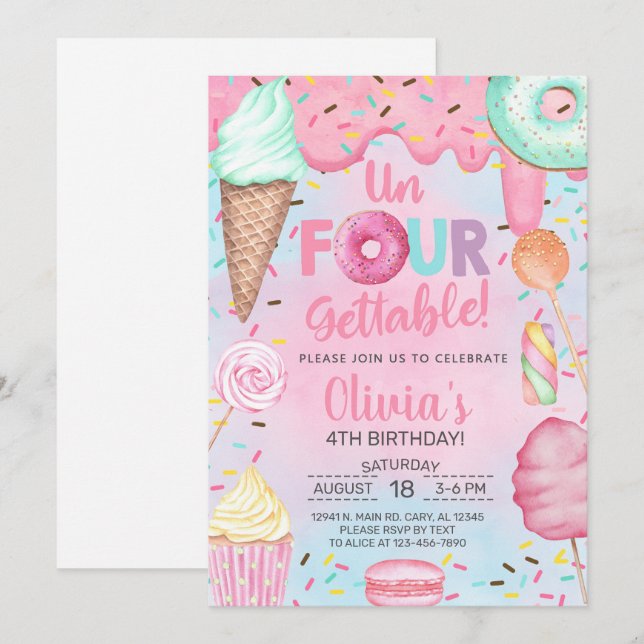 Un-quatre-gettable bonbons fille invitation de 4èm (Devant / Derrière)
