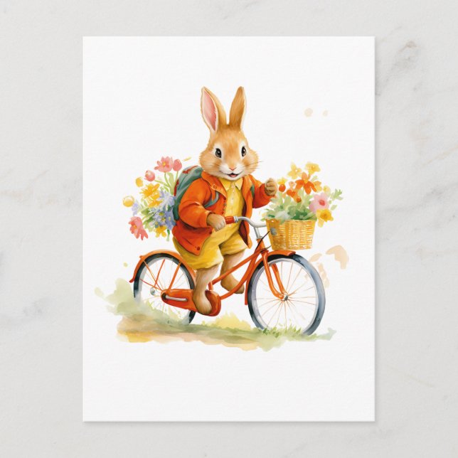 UN RABIT DOUX AVEC Carte Postale VÉLO Art (Devant)