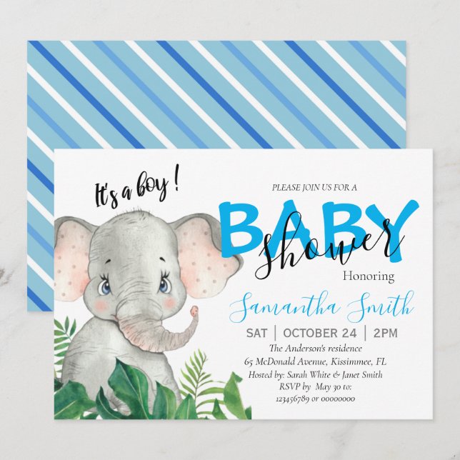 Un safari dans la jungle d'éléphants invitation bé (Devant / Derrière)