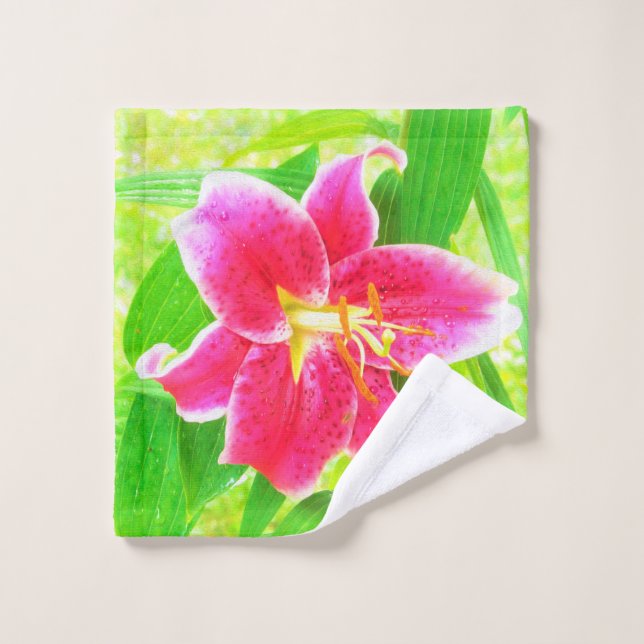 Un stargazer rose assez profond Lily sur Lime Gree (Gant de toilette)
