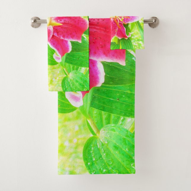 Un stargazer rose assez profond Lily sur Lime Gree (En situation)
