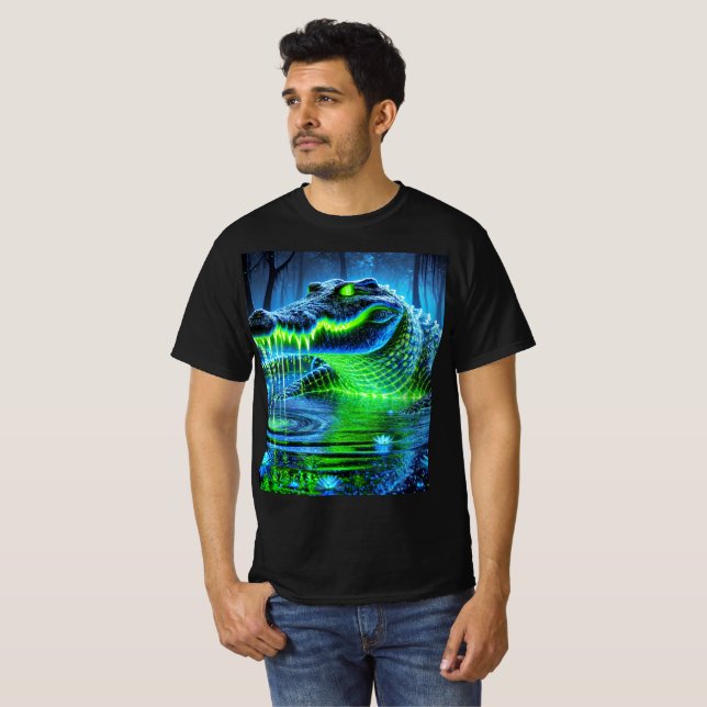 Un T-shirt de crocodile bioluminescent en néon. (Devant entier)