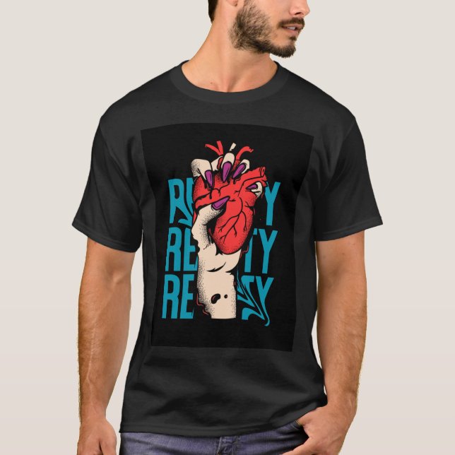 Un t-shirt noir présentant une main tenant un cœur (Devant)