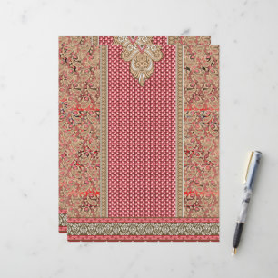un tapis rouge et beige à la bordure en or