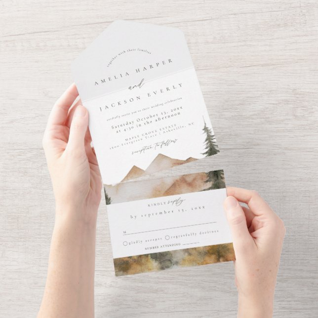 Un Watercolor Mountain Mariage tout en une invitation (Déchirure)