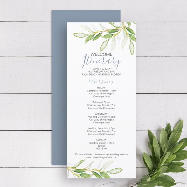 Un week-end Mariage verdoyant pour les clients (Wedding welcome itinerary Unique Bespoke Watercolor Greenery art by Victoria Grigaliunas)