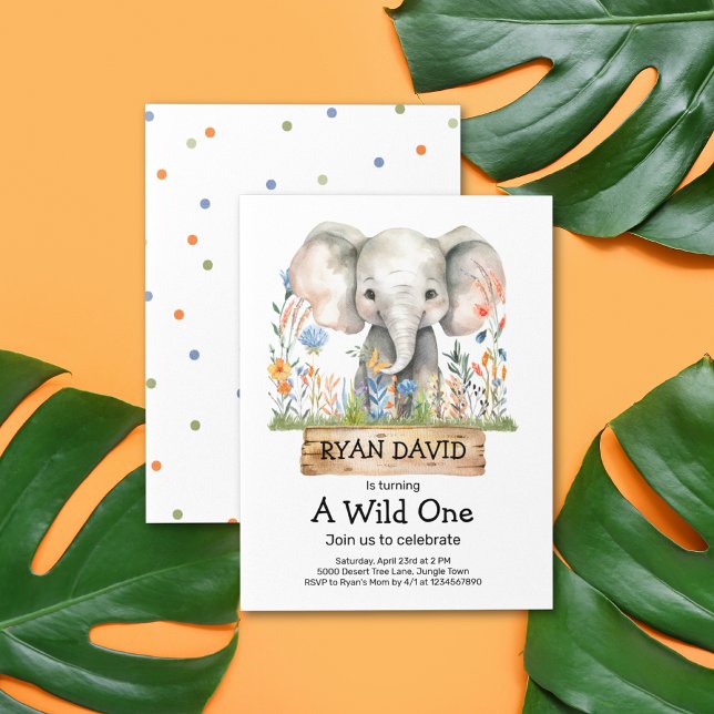 Un Wild One Invitation Boys (Safari Jungle Watercolor Elephant Orange Blue Flowers Dot Pattern Wild One 1st Birthday Invitation)