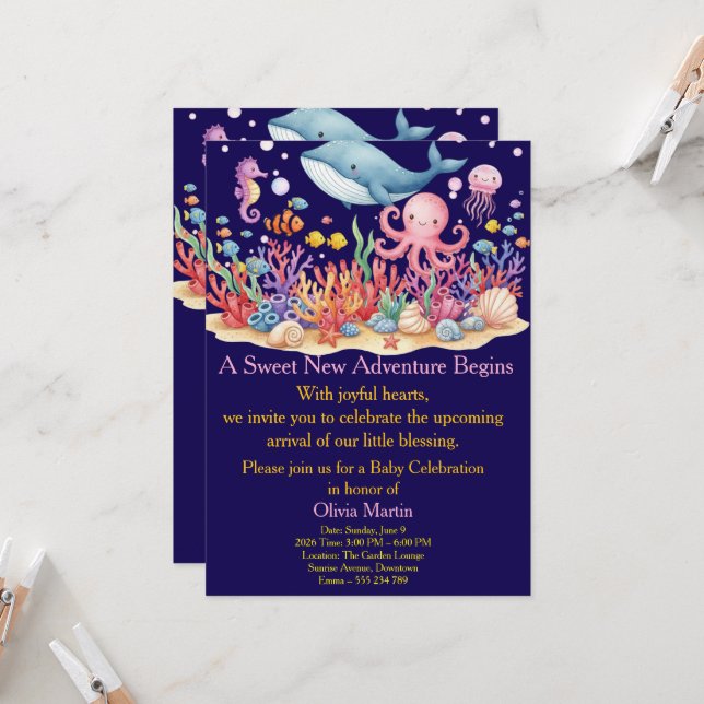 Under Sea Whale Baby Shower Custom Invitation (Devant/Arrière en situation)