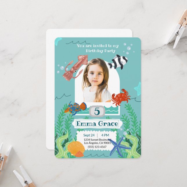 Under the Sea 5th Birthday Invitation with Photo  (Devant/Arrière en situation)