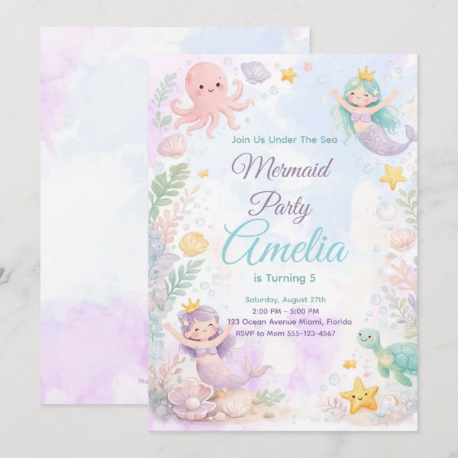 Under The Sea Mermaid Birthday Invitation (Devant / Derrière)