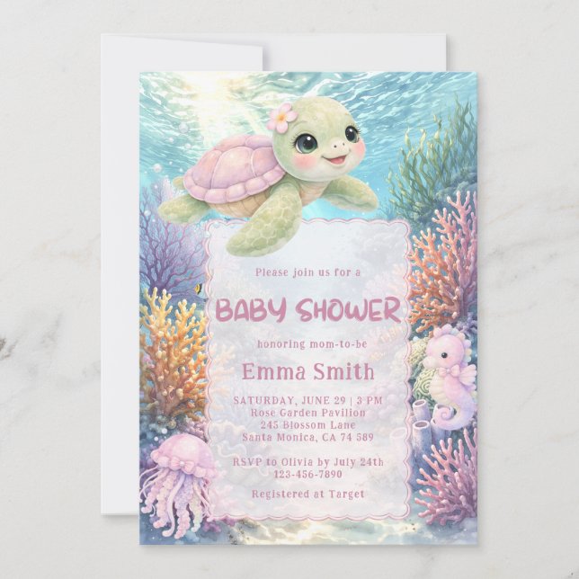 Under the Sea Turtle Girl Baby Shower Invitation (Devant)
