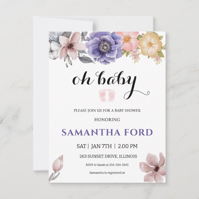 Une Aquarelle Floral Girl Baby shower Invitation (Devant)