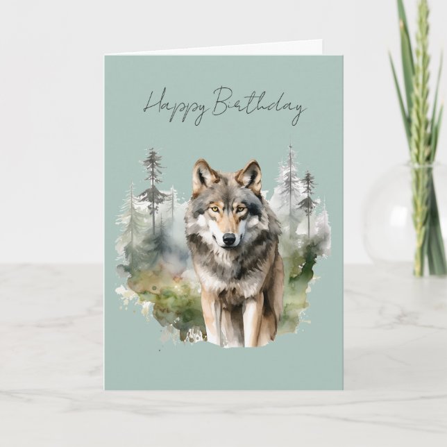 Une carte d'anniversaire Loup dans une forêt #1 (Devant)