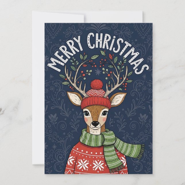 Une carte de Noël festive avec un cerf mignon  (Devant)