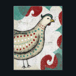 Une Carte Postale de Poulet Peu Sérieuse<br><div class="desc">Une Carte Postale de Poulet Peu Sérieuse représentant un poulet cynique en beige,  aqua et rouge sur fond blanc avec des accents tourbillonnants rouges et turquoise.</div>