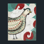 Une Carte Postale de Poulet Peu Sérieuse<br><div class="desc">Une Carte Postale de Poulet Peu Sérieuse représentant un poulet cynique en beige,  aqua et rouge sur fond blanc avec des accents tourbillonnants rouges et turquoise.</div>