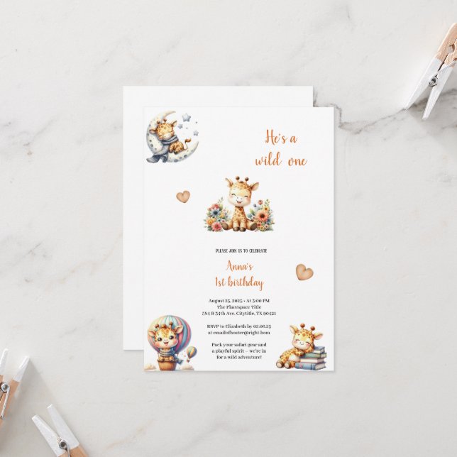 UNE ÉLÉGANTE INVITATION D'ANNIVERSAIRE GIRAFFE (Devant/Arrière en situation)