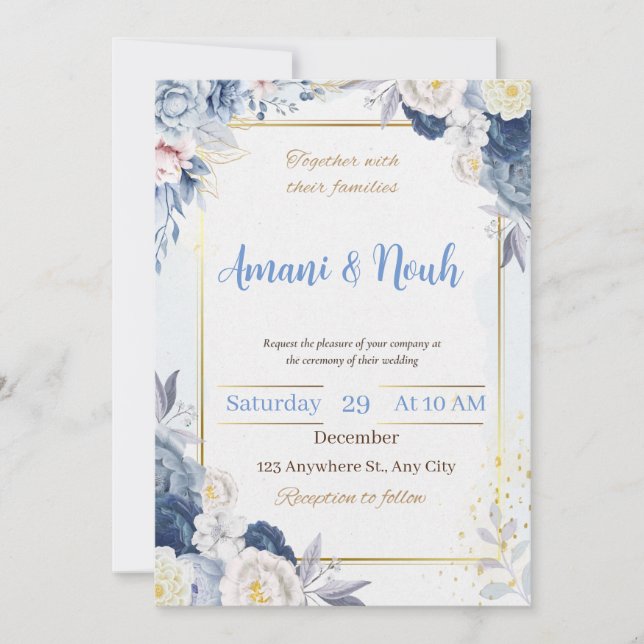 Une faire-part de mariage bleue très design et chi (Devant)