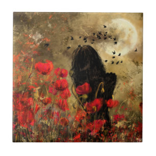 Une Femme Dans Le Champ De Popies Carreaux En Céra