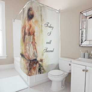 Une femme du rideau de douche sur un banc aujourd'