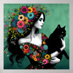 Une femme en robe florale tenant une affiche de ch
