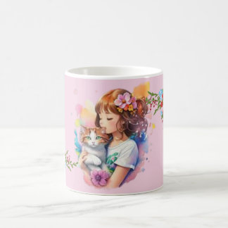 Une fille avec sa tasse de chat