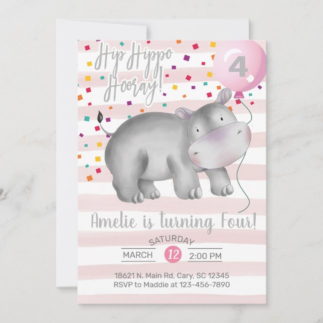 Une fille rose hippo invitation d'anniversaire, in (Devant)