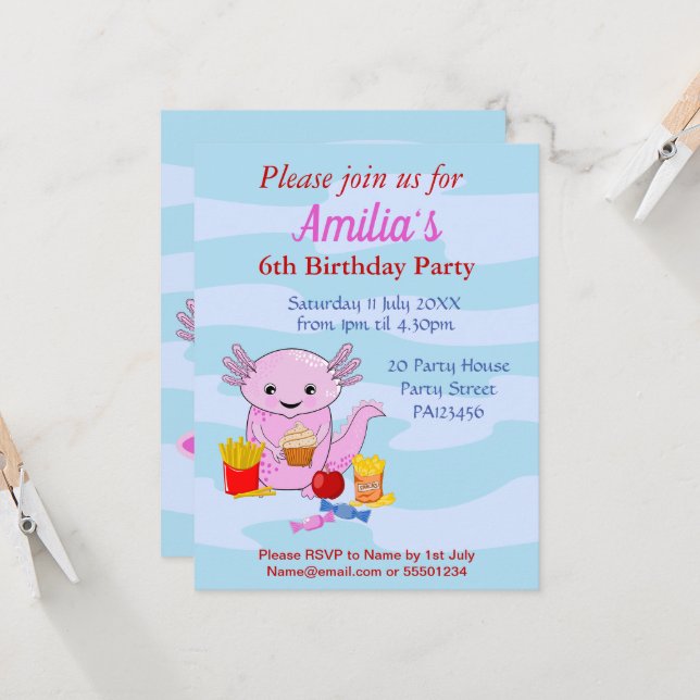 Une invitation à la fête d'anniversaire Axolotl (Devant/Arrière en situation)