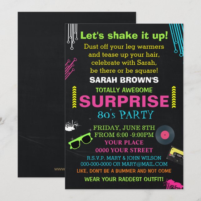 une invitation à la fête des années 80 totalement  (Devant / Derrière)