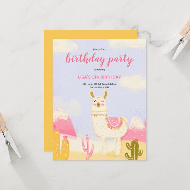 Une invitation à l'anniversaire avec un lama. (Devant/Arrière en situation)