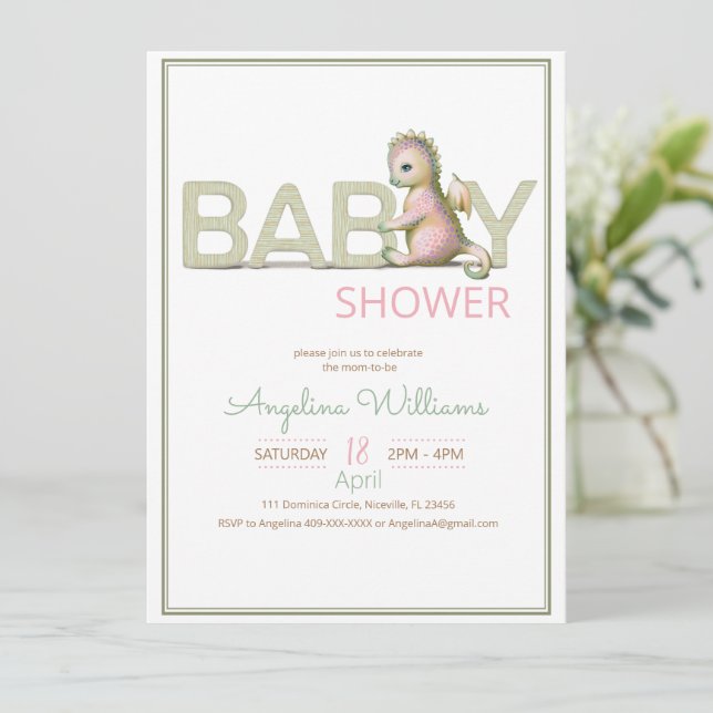Une invitation baby shower avec un adorable dragon (Debout devant)