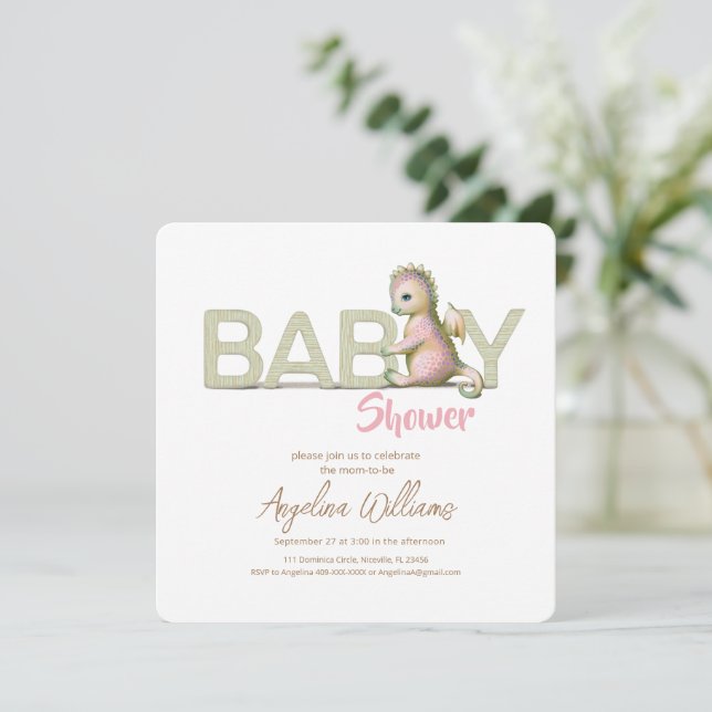 Une invitation baby shower avec un adorable dragon (Debout devant)