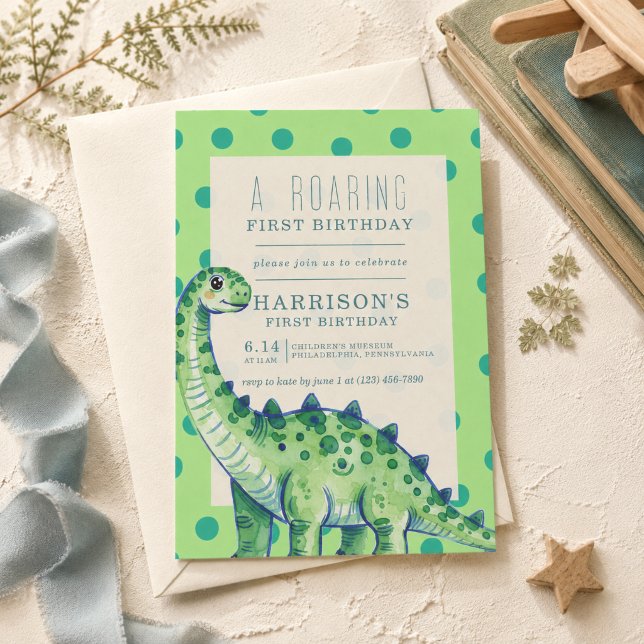 Une invitation d'anniversaire de dinosaure rugissa (A Roaring First Birthday Dinosaur Invitation)