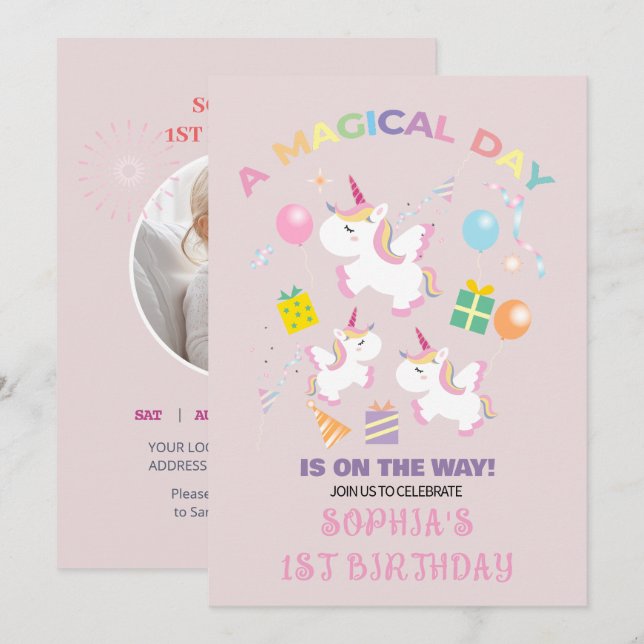 Une invitation d'anniversaire de licorne magique (Devant / Derrière)