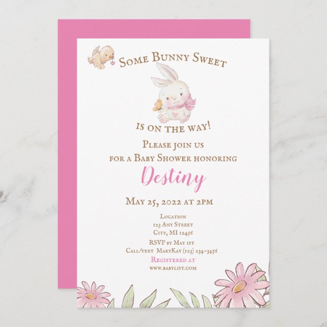 Une Invitation De Baby shower Rose Bunny  (Devant / Derrière)