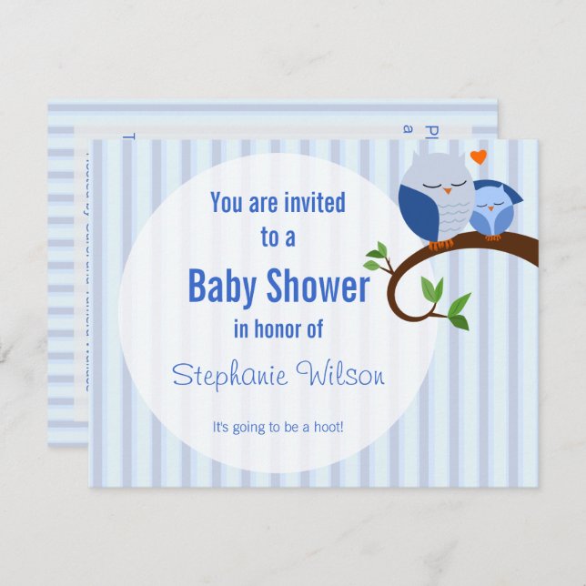 Une Invitation De Chouette Bleue Baby shower (Devant / Derrière)