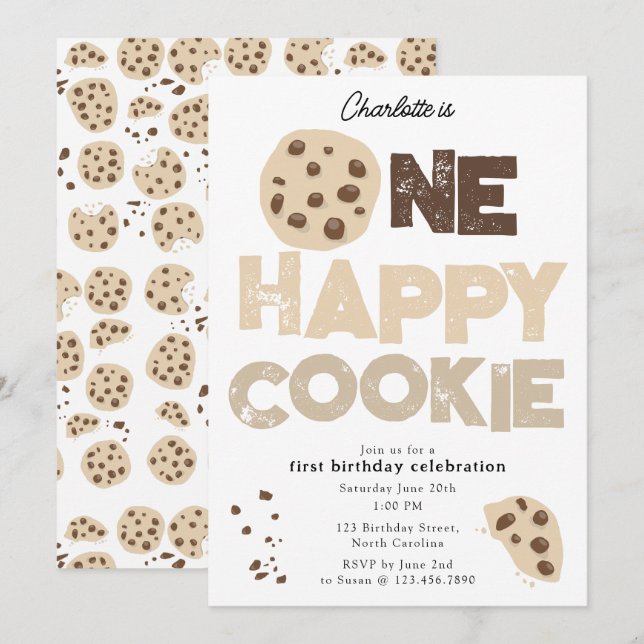 Une invitation de cookie heureux pour le 1er anniv (Devant / Derrière)