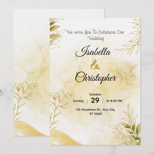 Une invitation de mariage luxueuse en or élégant (Devant / Derrière)