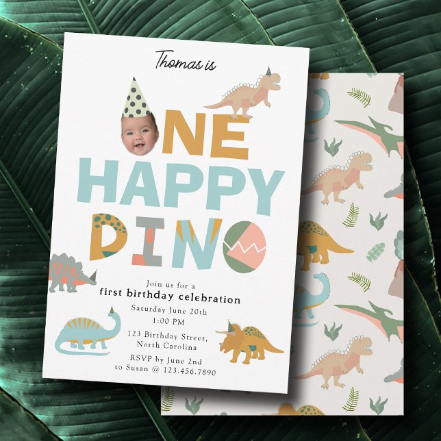 Une invitation Dino Dinosaure Happy pour 1er anniv (One Happy Dino Dinosaur Invite 1st Birthday Photo)