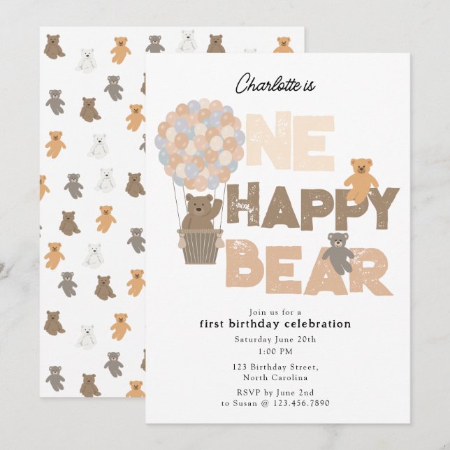 Une invitation d'ours heureux pour un 1er annivers (Devant / Derrière)