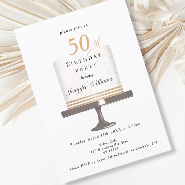 Une invitation moderne et élégante pour l'annivers (Modern, elegant, birthday cake, white & gold invitation.)