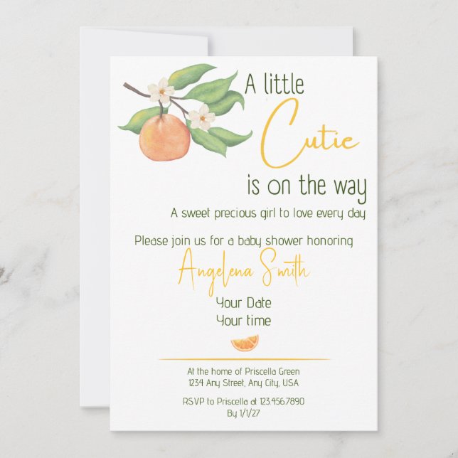 Une invitation pour une baby shower pour une petit (Devant)